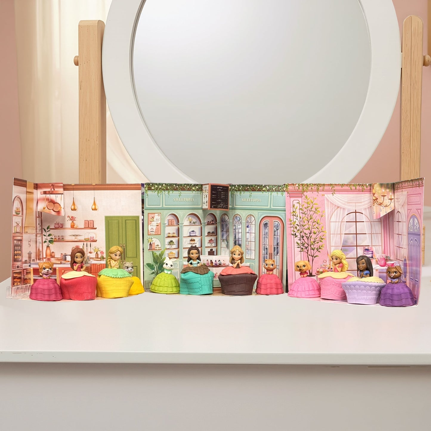 Set of toy figures in a miniature store display with a round mirror above.