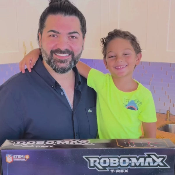 User generated video of a man and his son assembling the Robo-Max T-Rex toy building set.