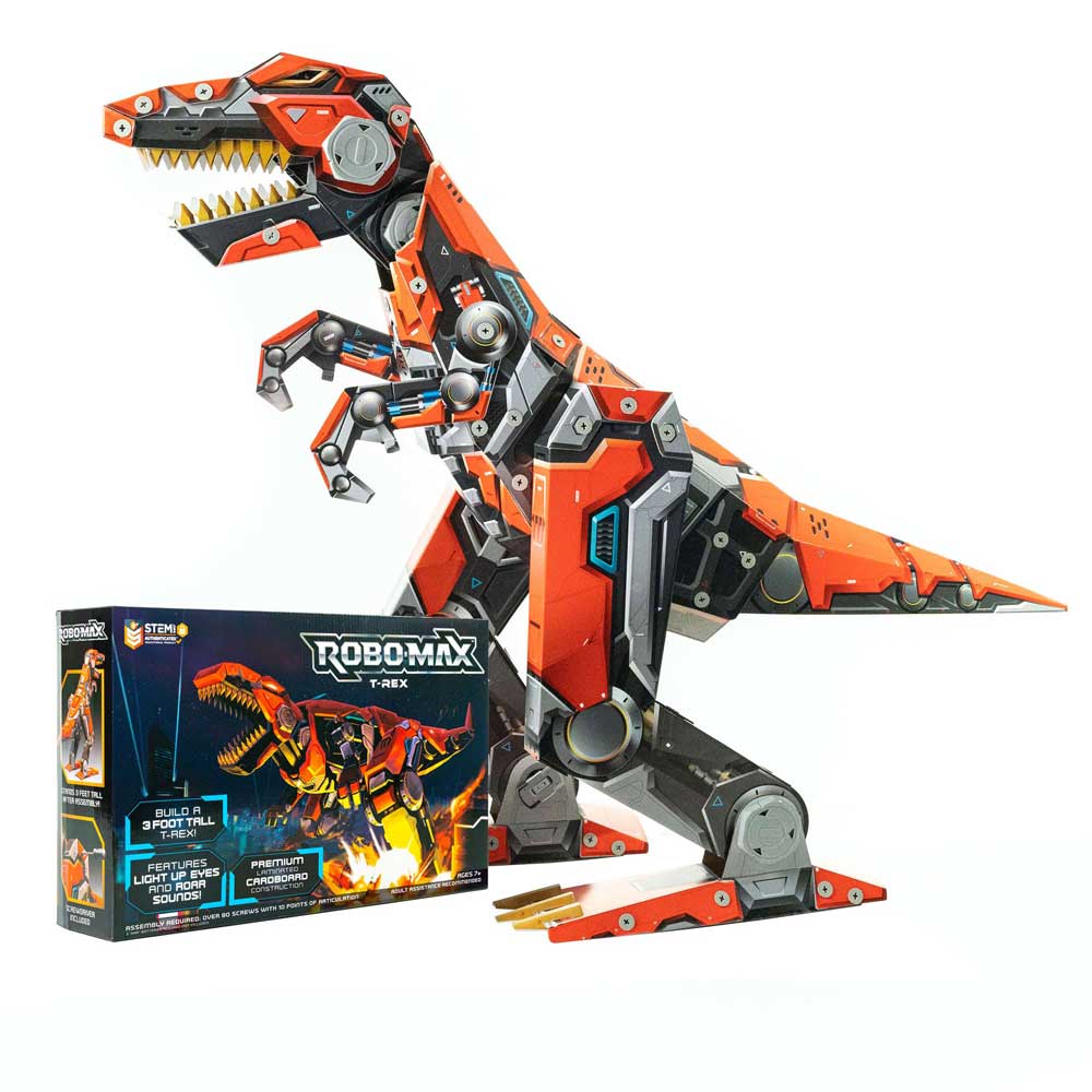 The fully assembled Robo-Max T-Rex toy dinosaur next to its retail box.