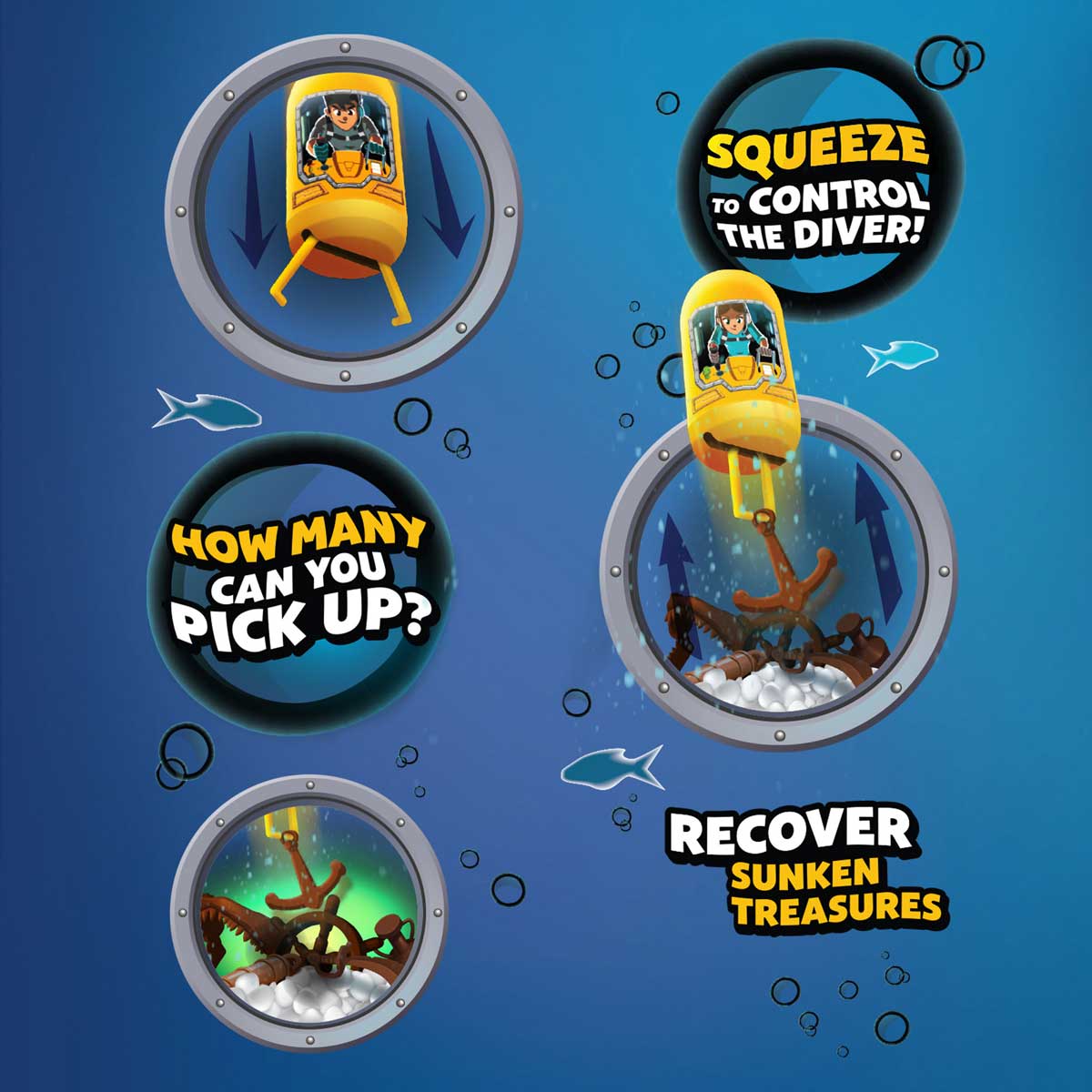The Clawsome Treasure Diver STEM toy operates by squeezing it, which opens the jaws of the diver and allows it to sink to the bottom to collect treasure! Stop squeezing to close the jaws and grab the treasure.