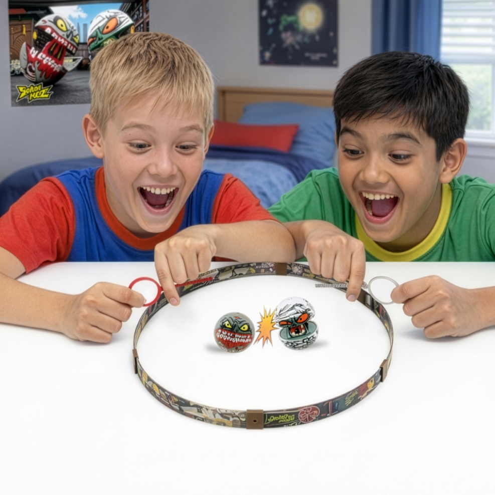 Two children playing with a toy ring toss game in a bedroom setting.