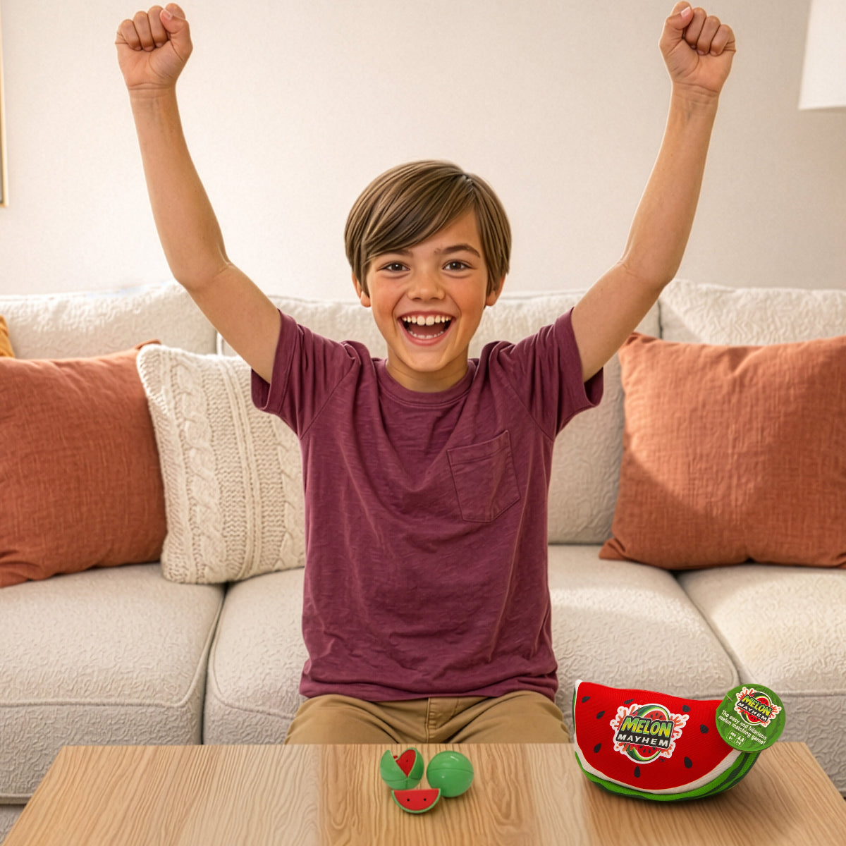 Child with arms raised in excitement in a living room, with a watermelon-shaped toy on a table.