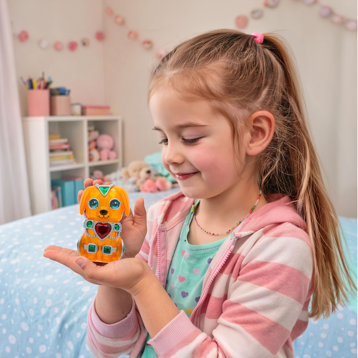 Young girl holding a colorful toy in her bedroom