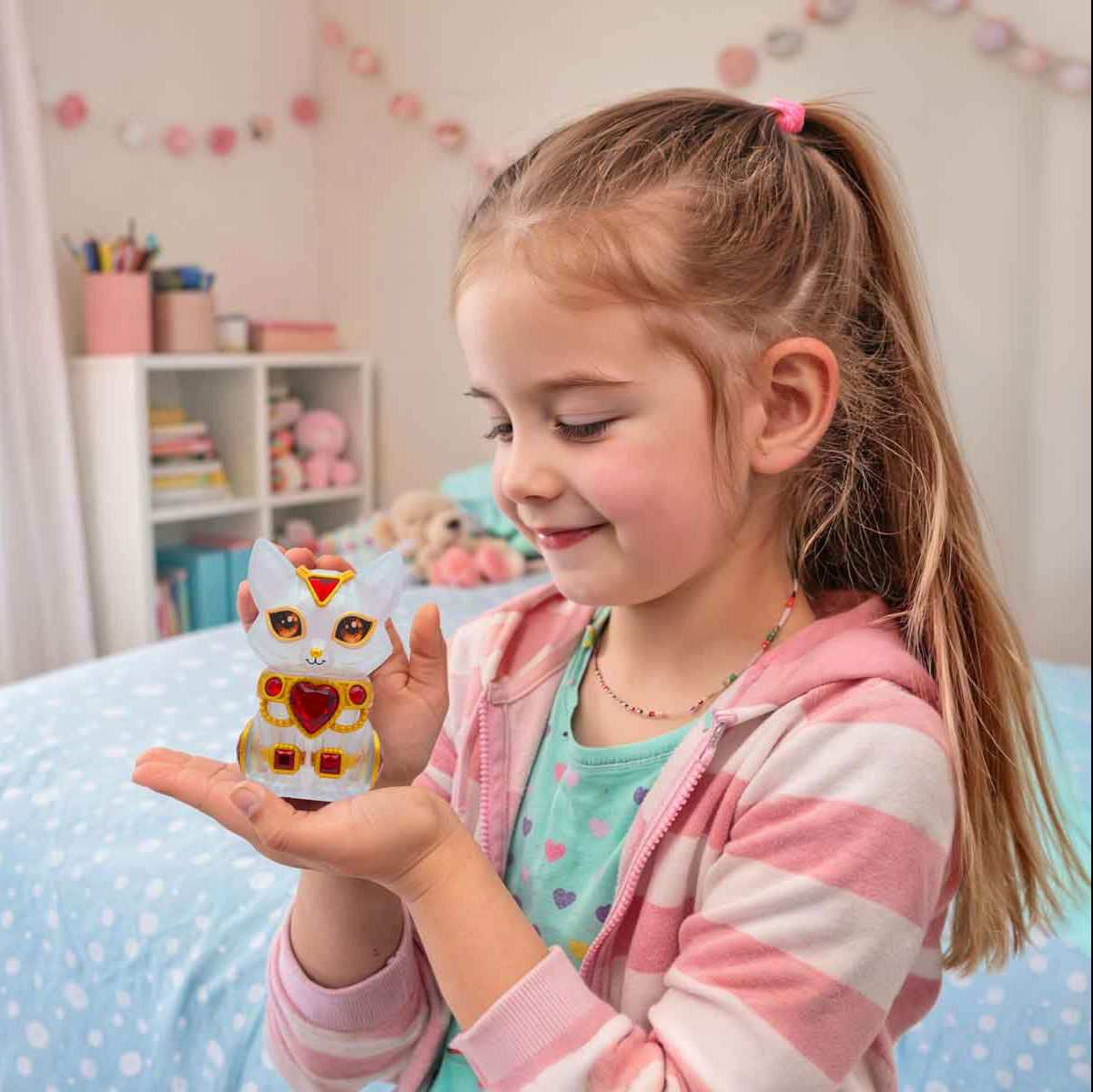 Young girl holding a small figurine in her bedroom
