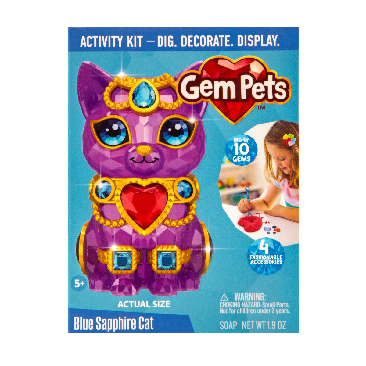 Packaging of Gem Pets Blue Sapphire Cat activity kit with a purple cat figure on a blue background.