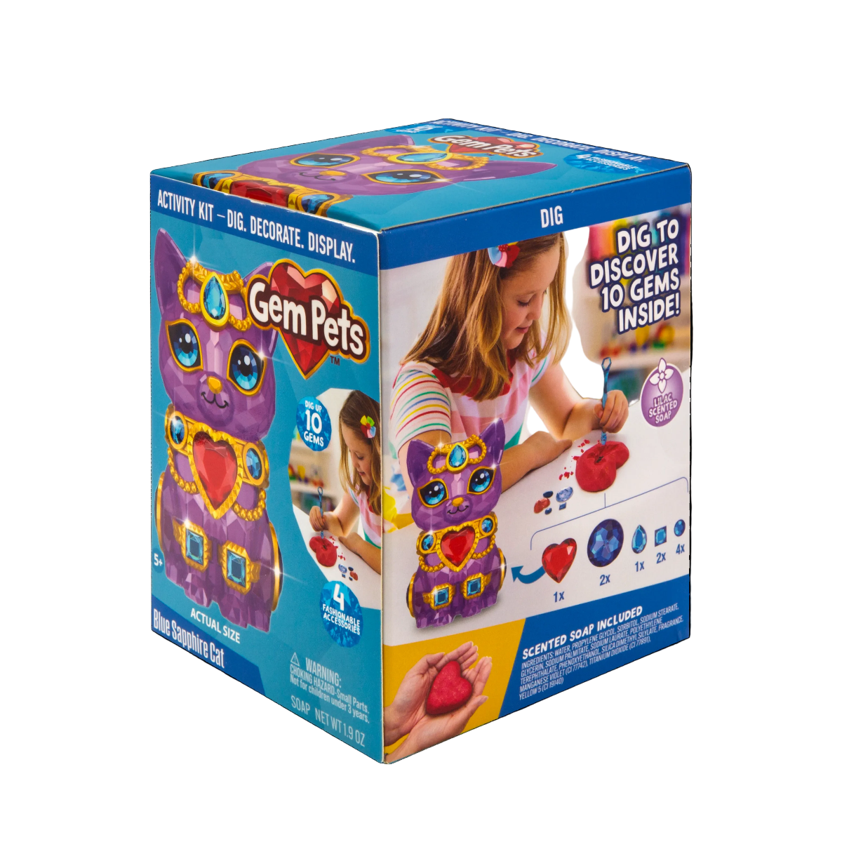 Box of Gem Pets toy with a purple creature and child interacting with it on a white background