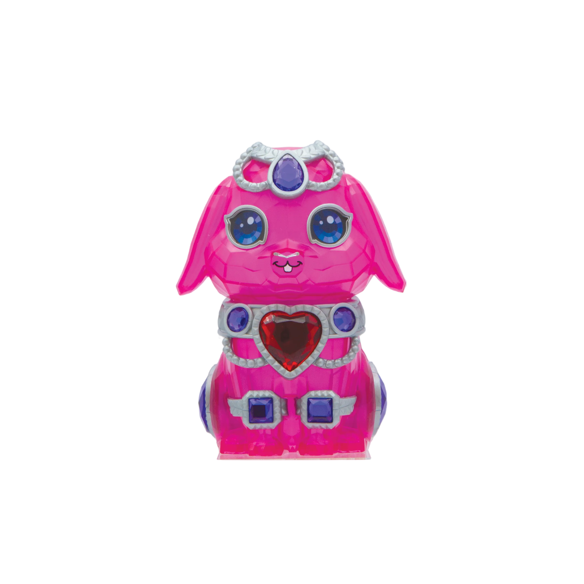 Pink toy figure with decorative elements on a white background