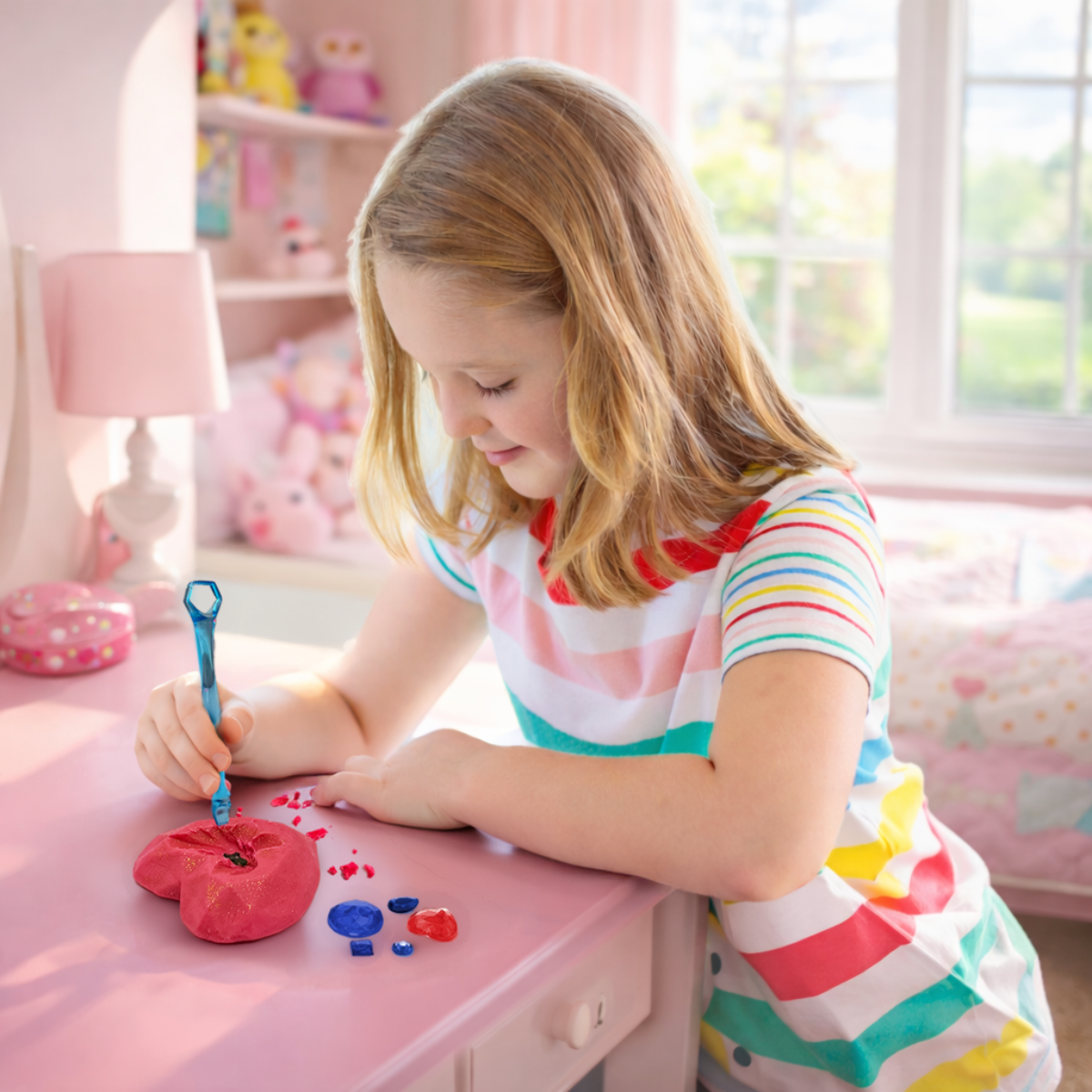 Young girl in a colorful room, sitting at a pink desk with art supplies, painting a red object.