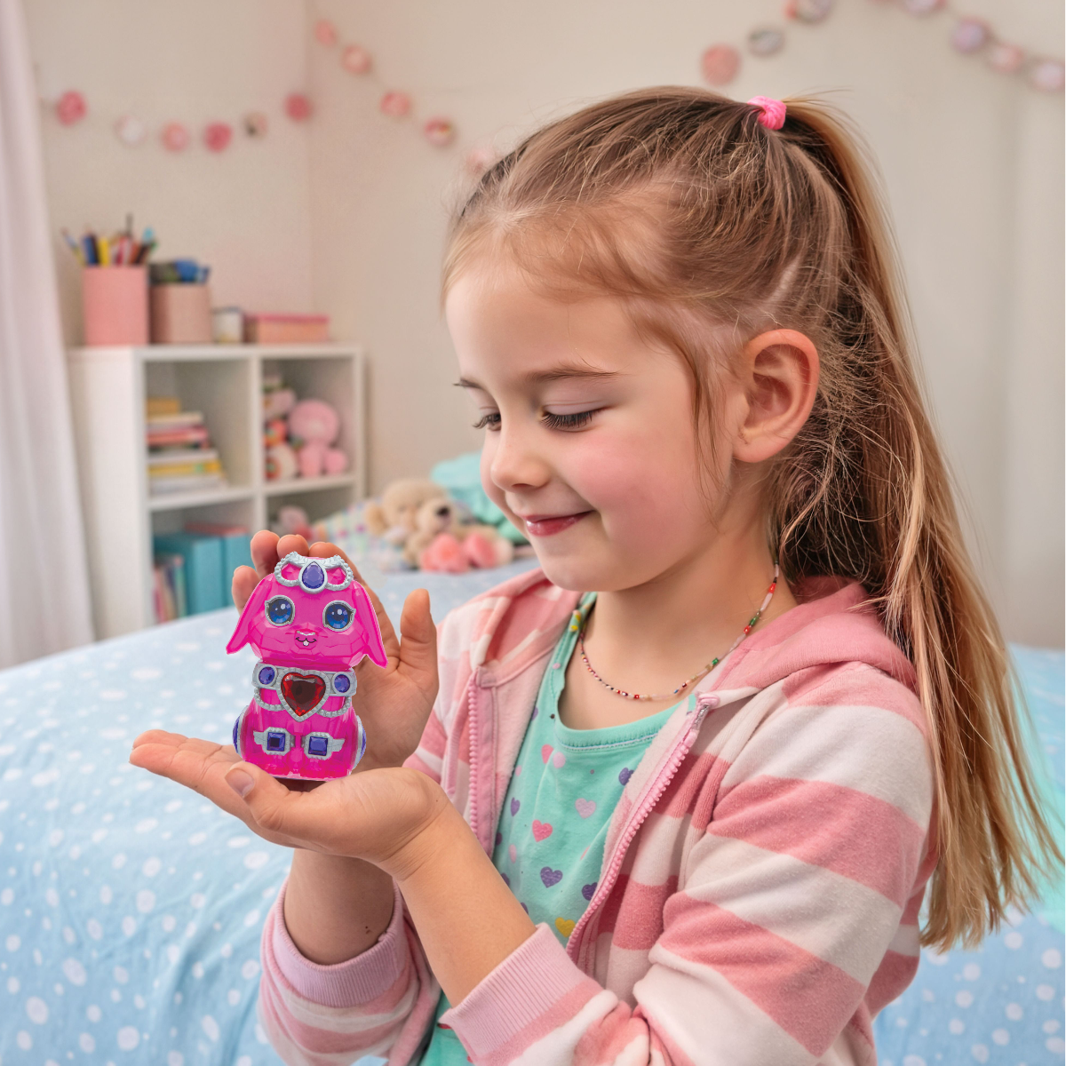 Young girl holding a pink robot toy in her bedroom