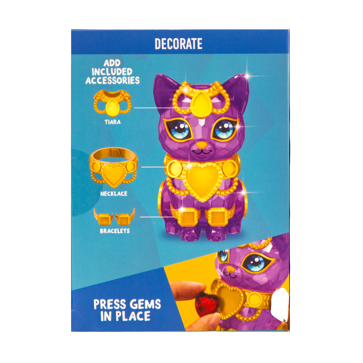 Toy packaging with a purple cat figurine and decorative accessories on a blue background