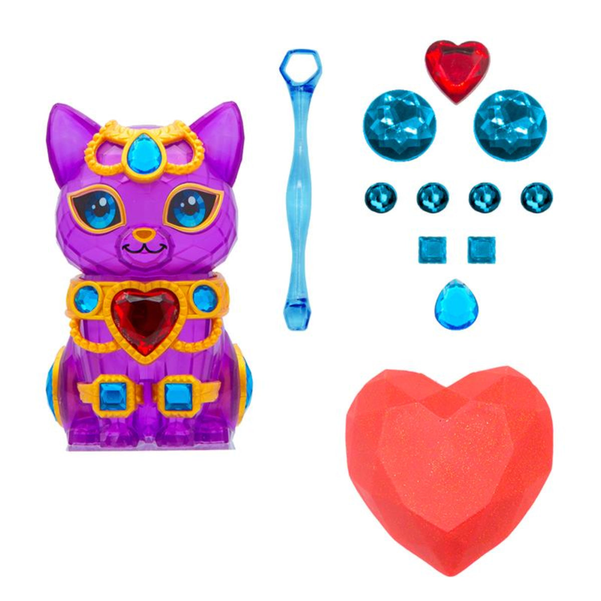 Purple toy cat with accessories including a blue tool, red and blue gemstones, and a heart-shaped object on a white background.