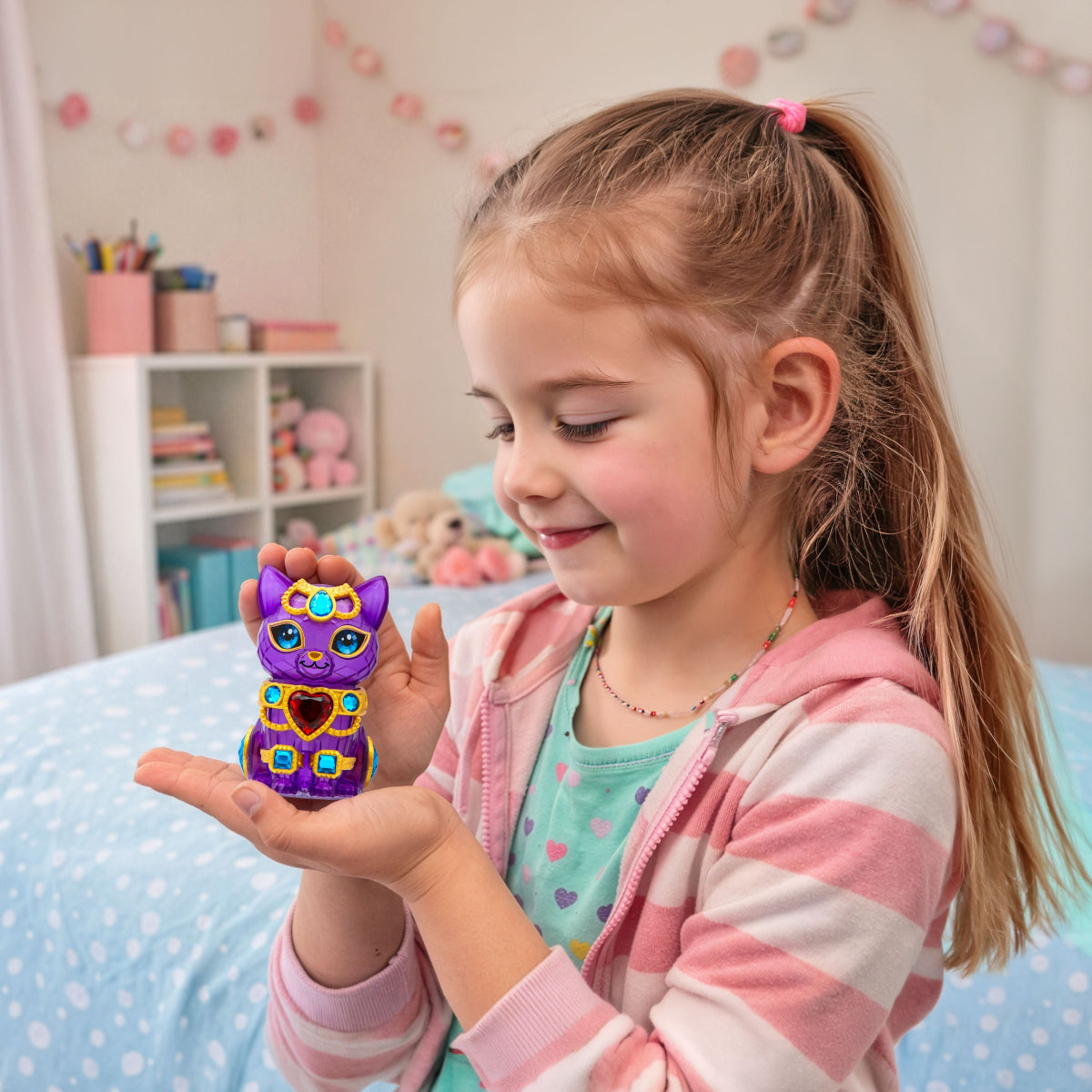 Young girl holding a colorful Gem Pet in her hand in a bedroom setting