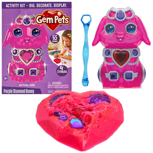 Gem Pets Purple Diamond Bunny toy with packaging, (spoon), and a heart-shaped object on a white background.