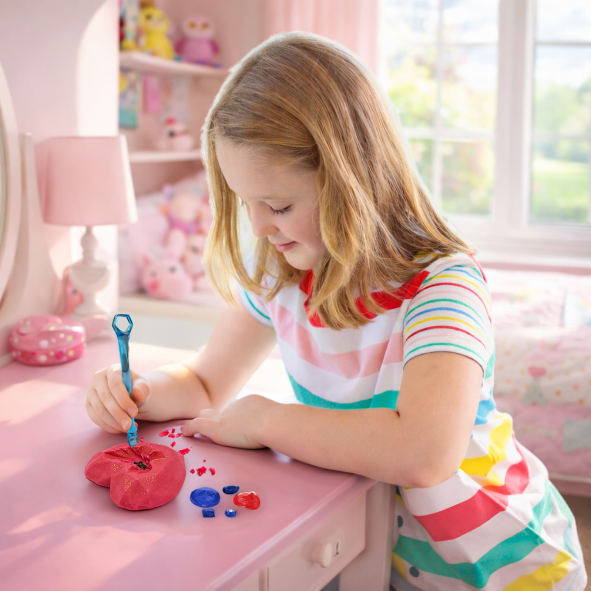 Young girl in a colorful room, sitting at a pink desk with art supplies, painting a red object.