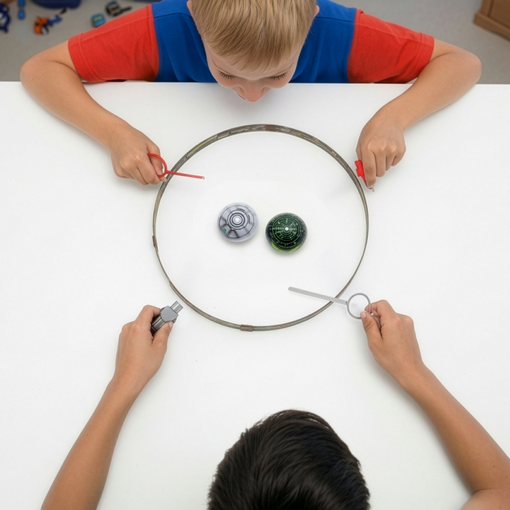 Two children playing with toy planets on a white table