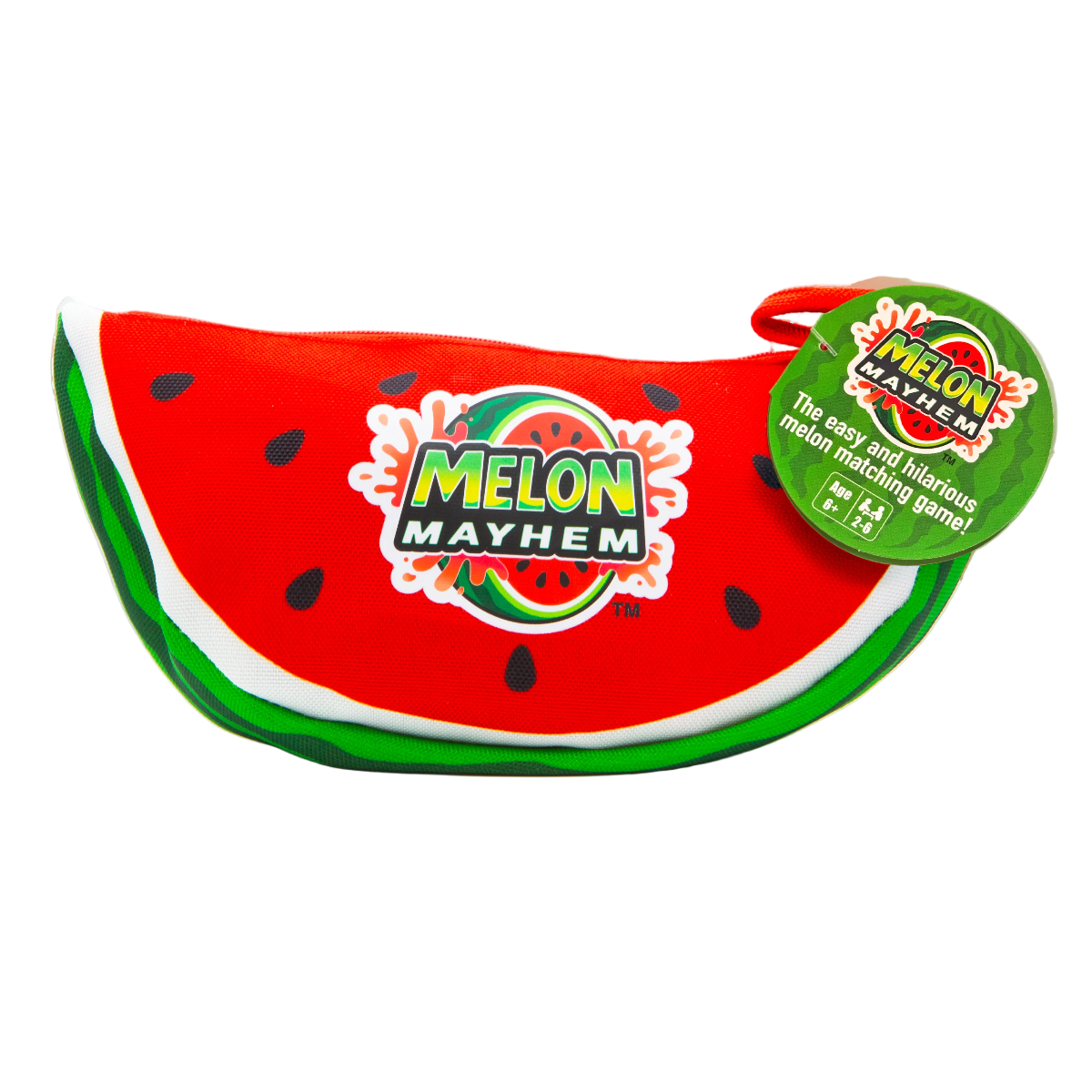 Watermelon-shaped product with 'Melon Mayhem' branding on a white background