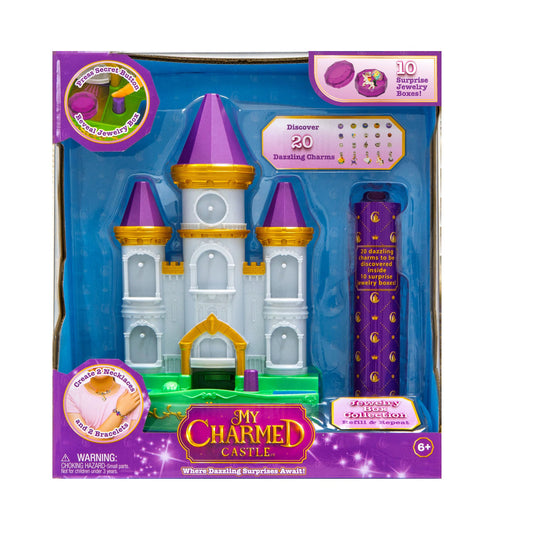 Toy castle with purple and gold accents in packaging