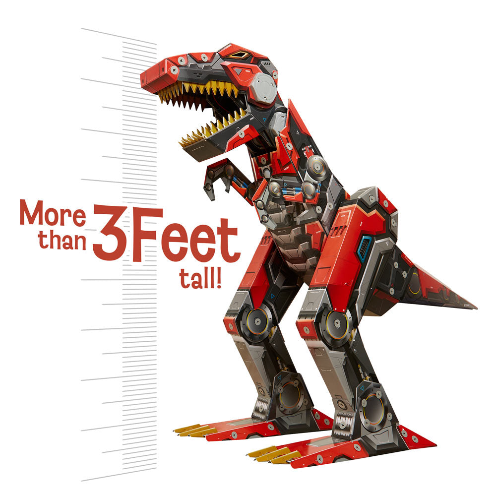 The assembled Robo-Max T-Rex toy stands more than 3-feet tall next to a vertical ruler.