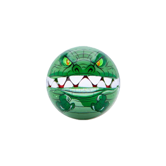 Green inflatable ball with a cartoonish dinosaur face on a white background