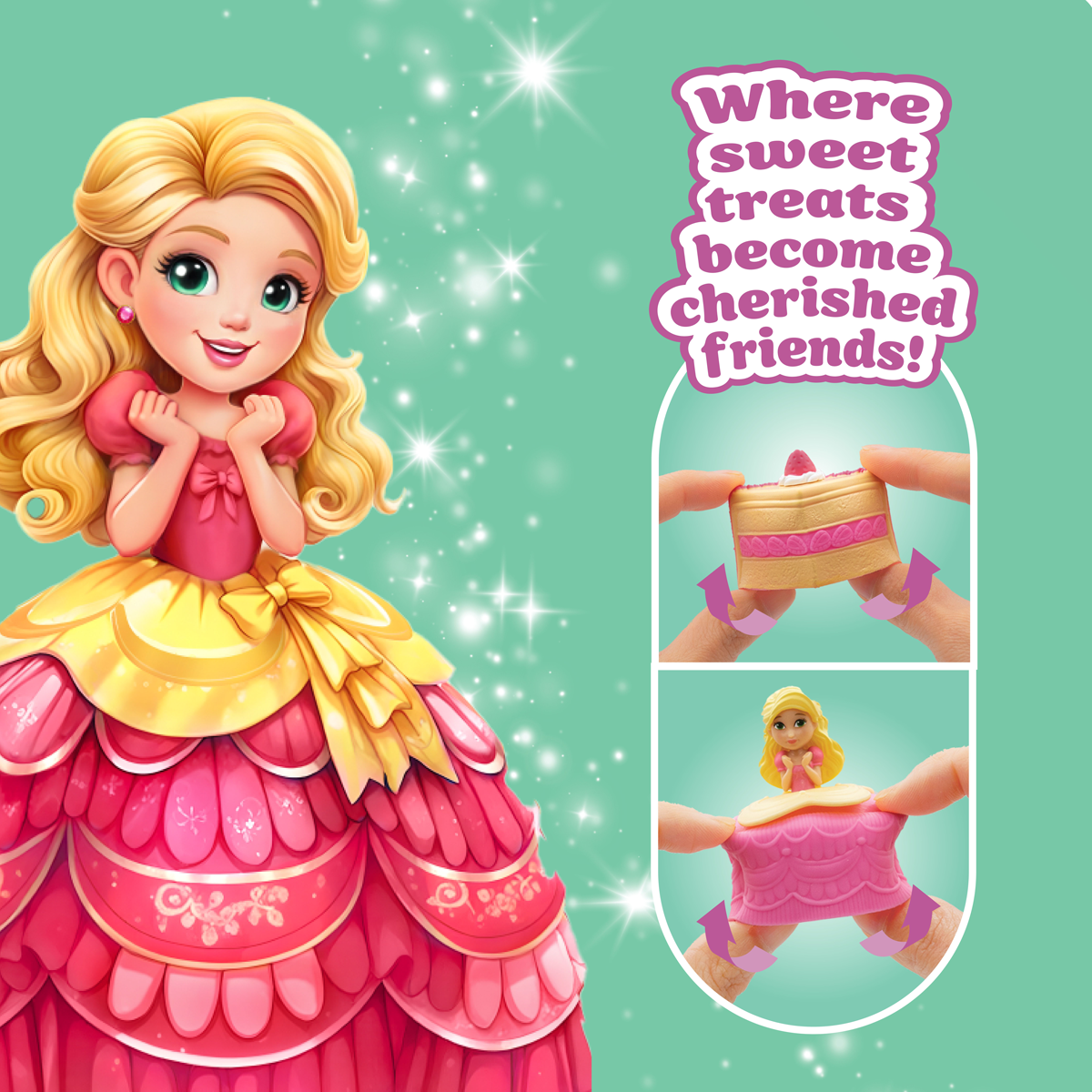 Cartoon princess character with a cake-shaped toy on a green background