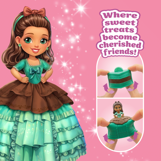 Toy doll with a dress that transforms into a cake, on a pink background with text.