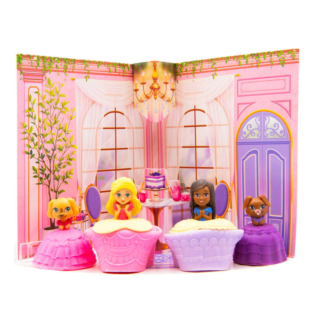 Toy figures in cupcake-shaped chairs with a dollhouse background