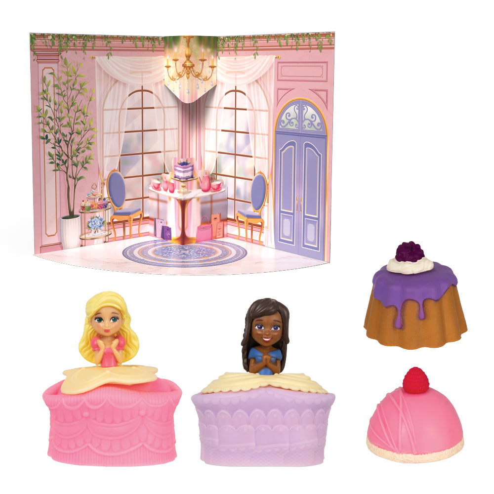 Toy figures on cake stands with a miniature room backdrop