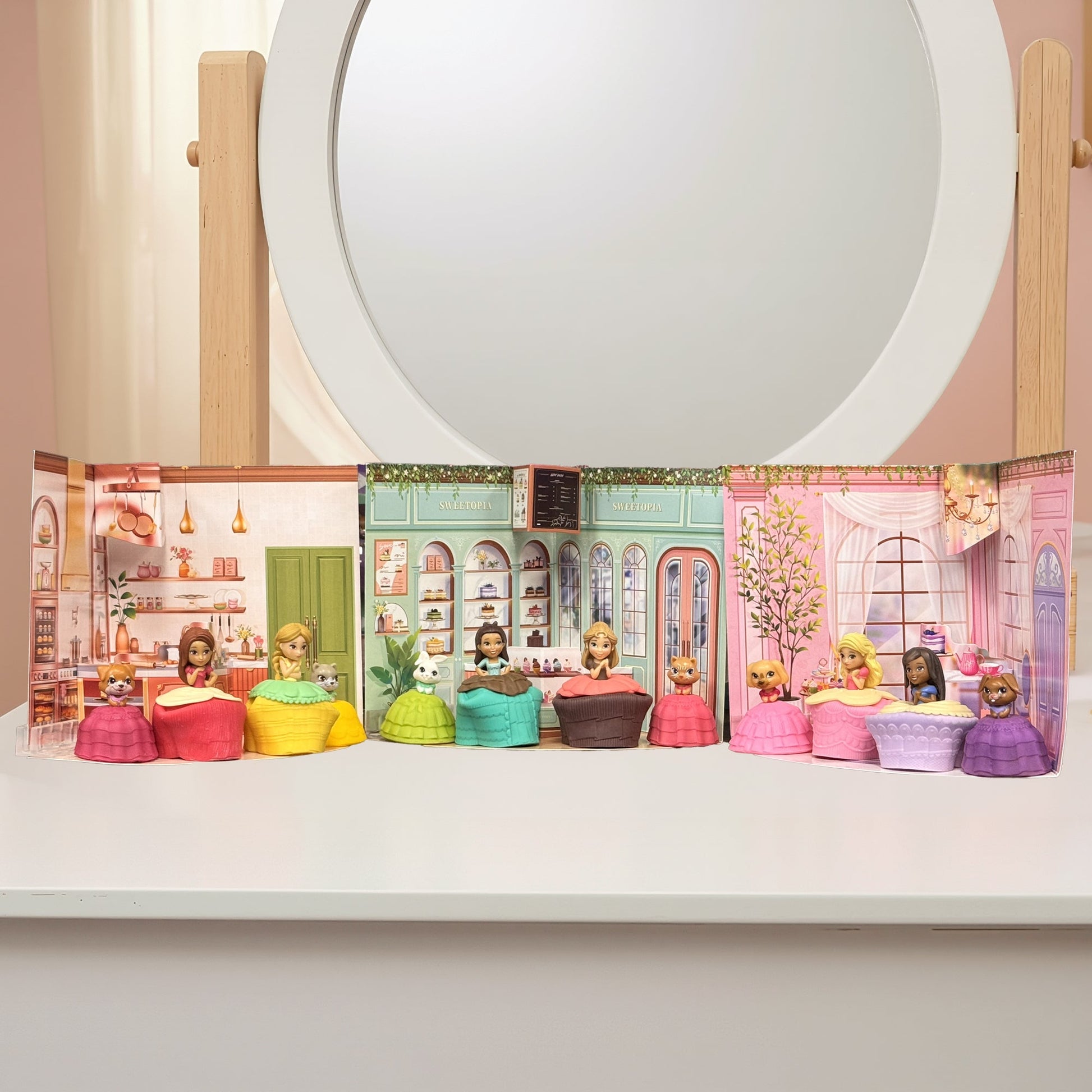Set of toy figures in a miniature store display with a round mirror above.