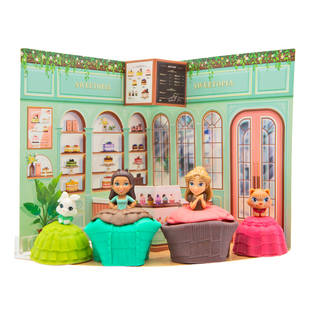 Toy set with dolls and a miniature café model