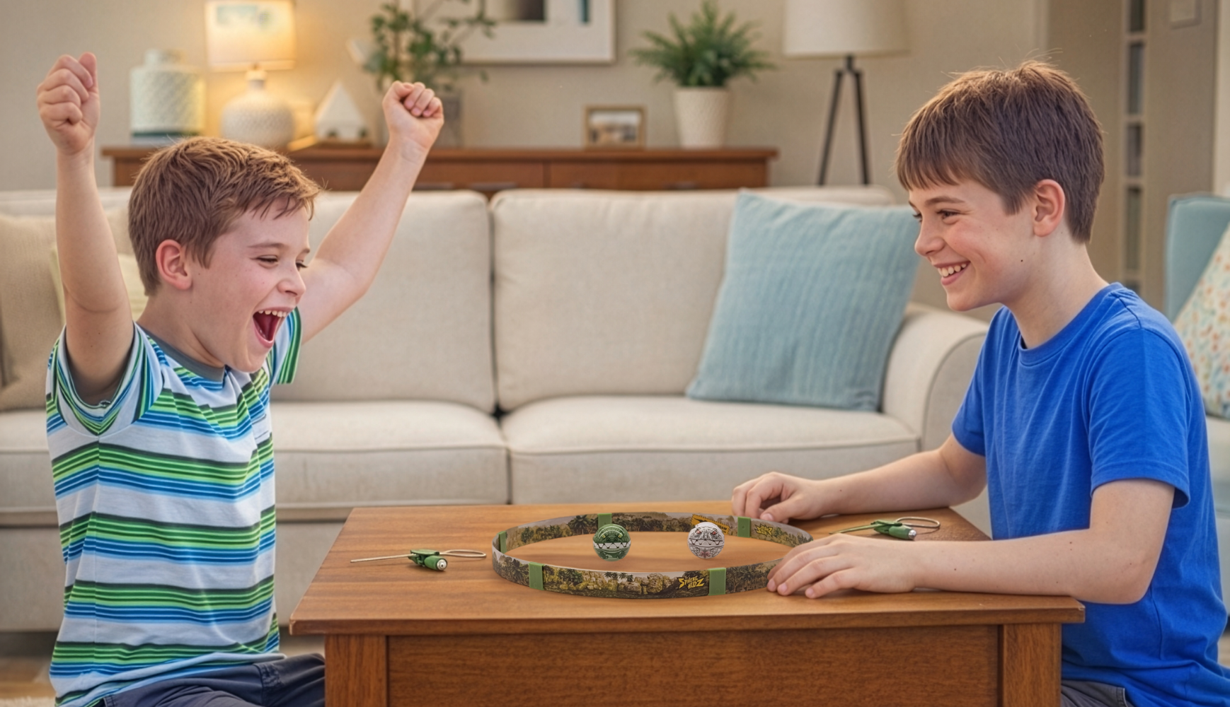 Two children playing a board game on a coffee table in a living room.