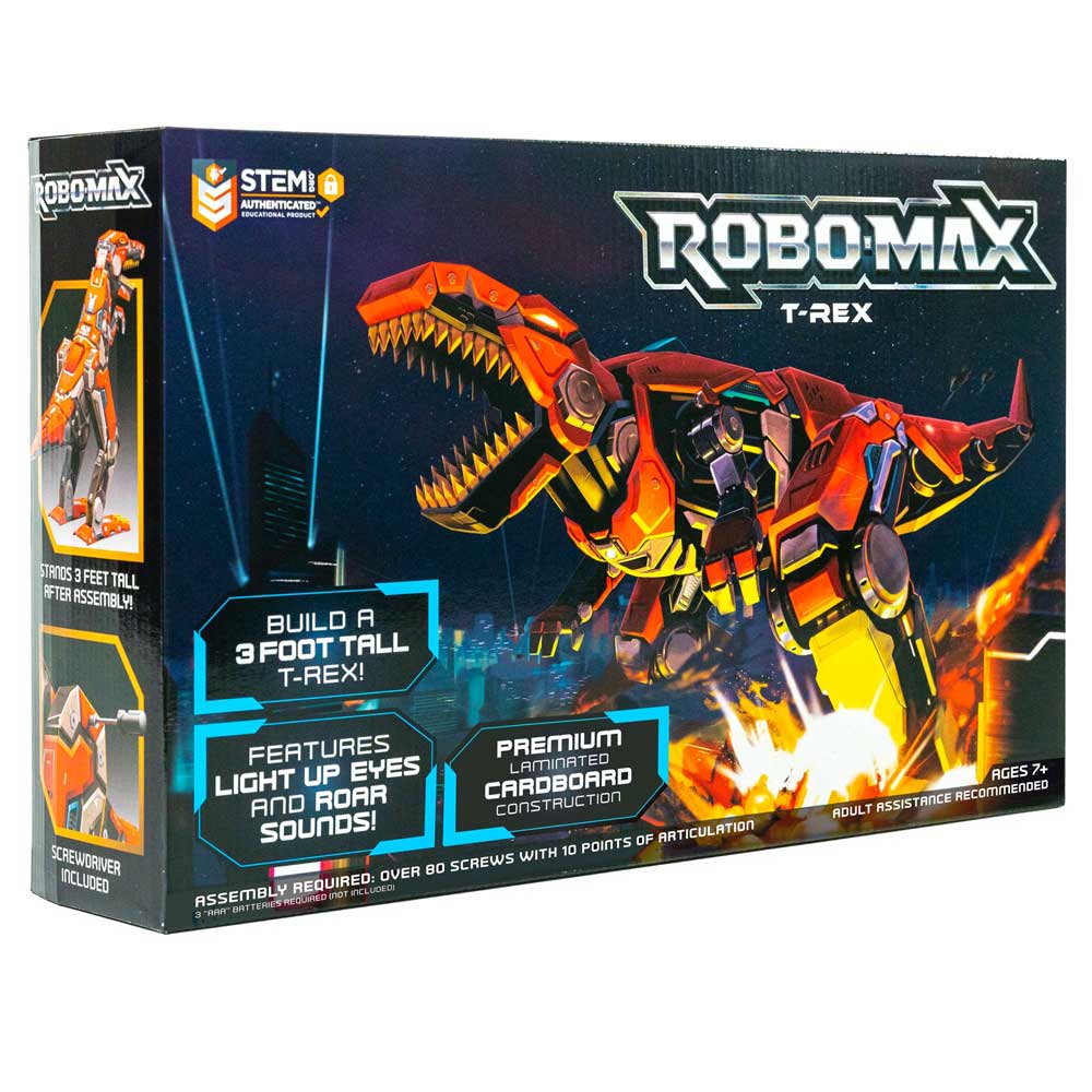Robo-Max T-Rex toy in retail box that reads Build a 3-Foot-Tall T-Rex, Premium Laminated Cardboard Construction, Features Light Up Eyes and Roar Sounds.
